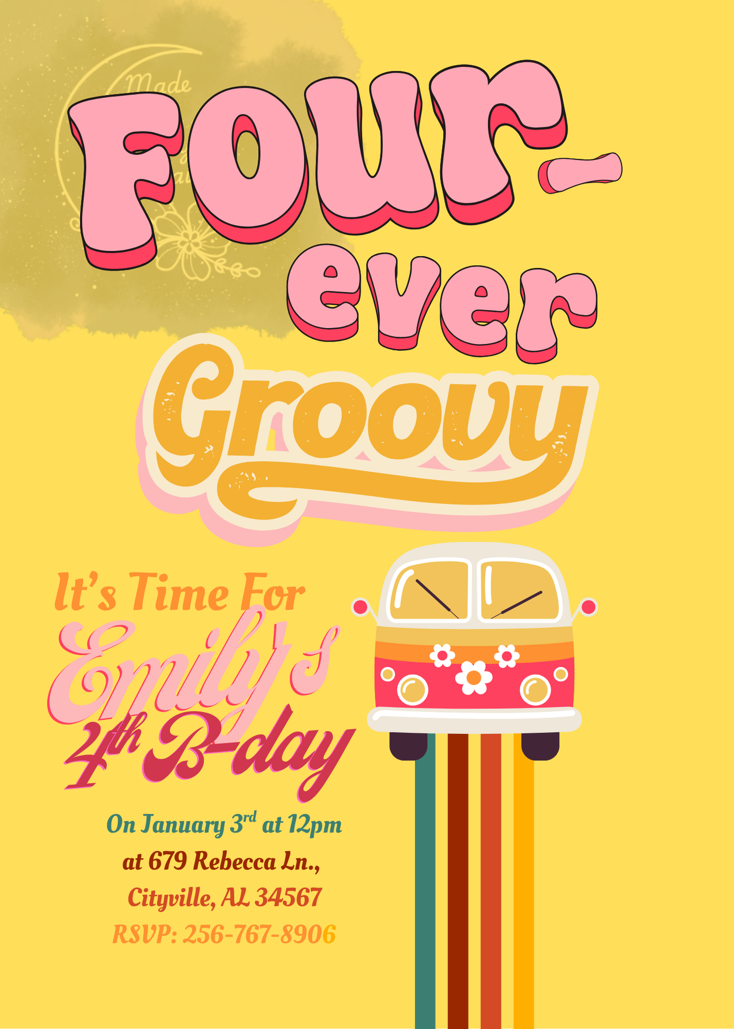 Adair's Cozy Creations Custom Groovy 4th Birthday Invitation