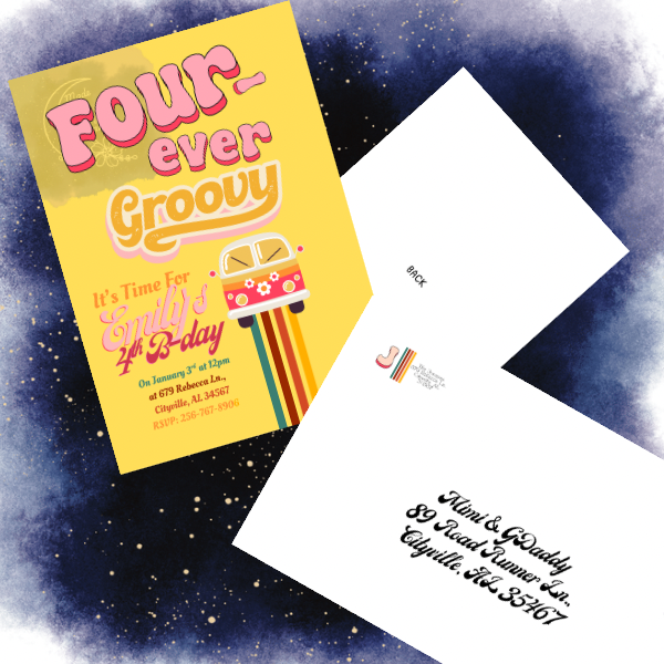 Adair's Cozy Creations Custom Groovy 4th Birthday Invitation