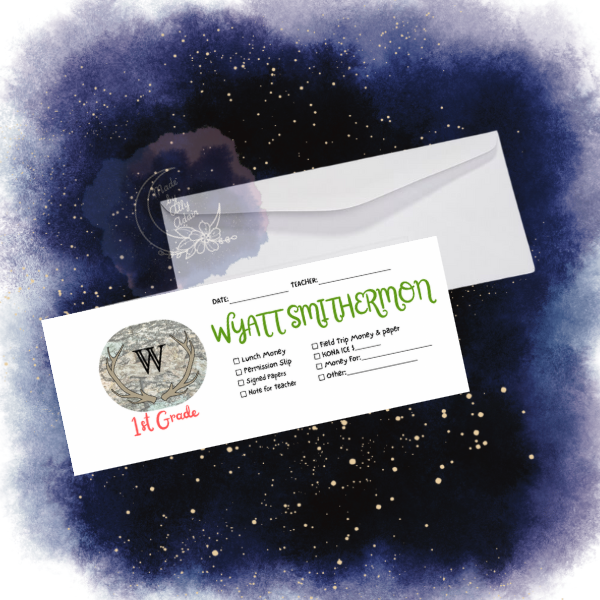 Personalized student envelopes for boys with name Wyatt Smitharmon and 1st grade design