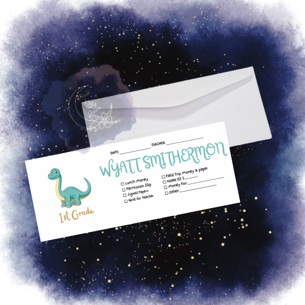 Personalized student envelopes for boys with dinosaur design and checklist for school notes