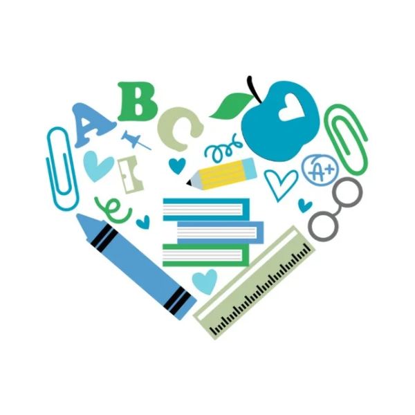 Personalized student envelopes for boys featuring school supplies like crayons, books, ruler, and apple in blue and green