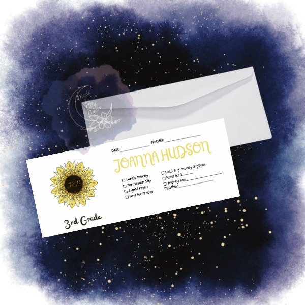 Custom school envelopes with name Joanna Hudson featuring sunflower design and grade details