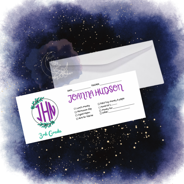 Custom school envelopes with name Joanna Hudson for 3rd grade with checkboxes and monogram design