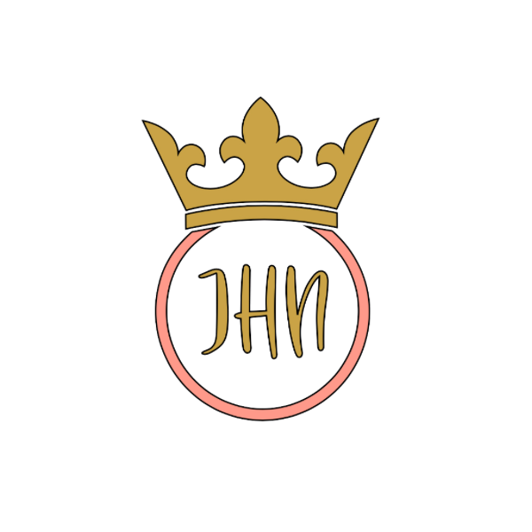 Custom school envelopes with name JHN in gold letters inside pink circle and gold crown above
