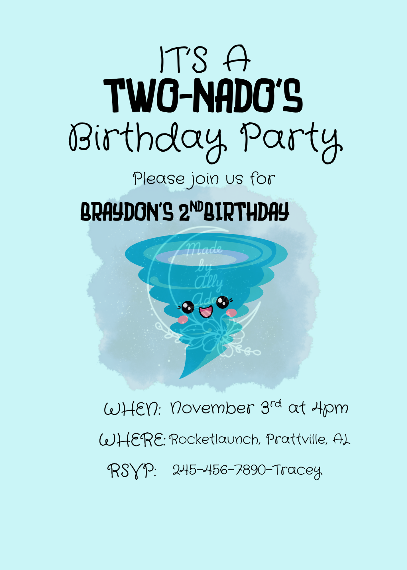 Light blue kids invite with smiling cartoon tornado Two Nados birthday design personalized tornado birthday invitations