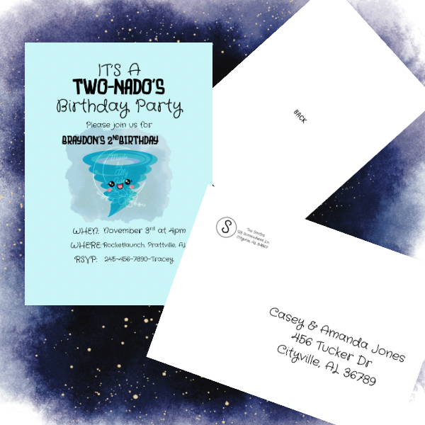 personalized tornado birthday invitations featuring a cute cartoon tornado on blue card with envelope