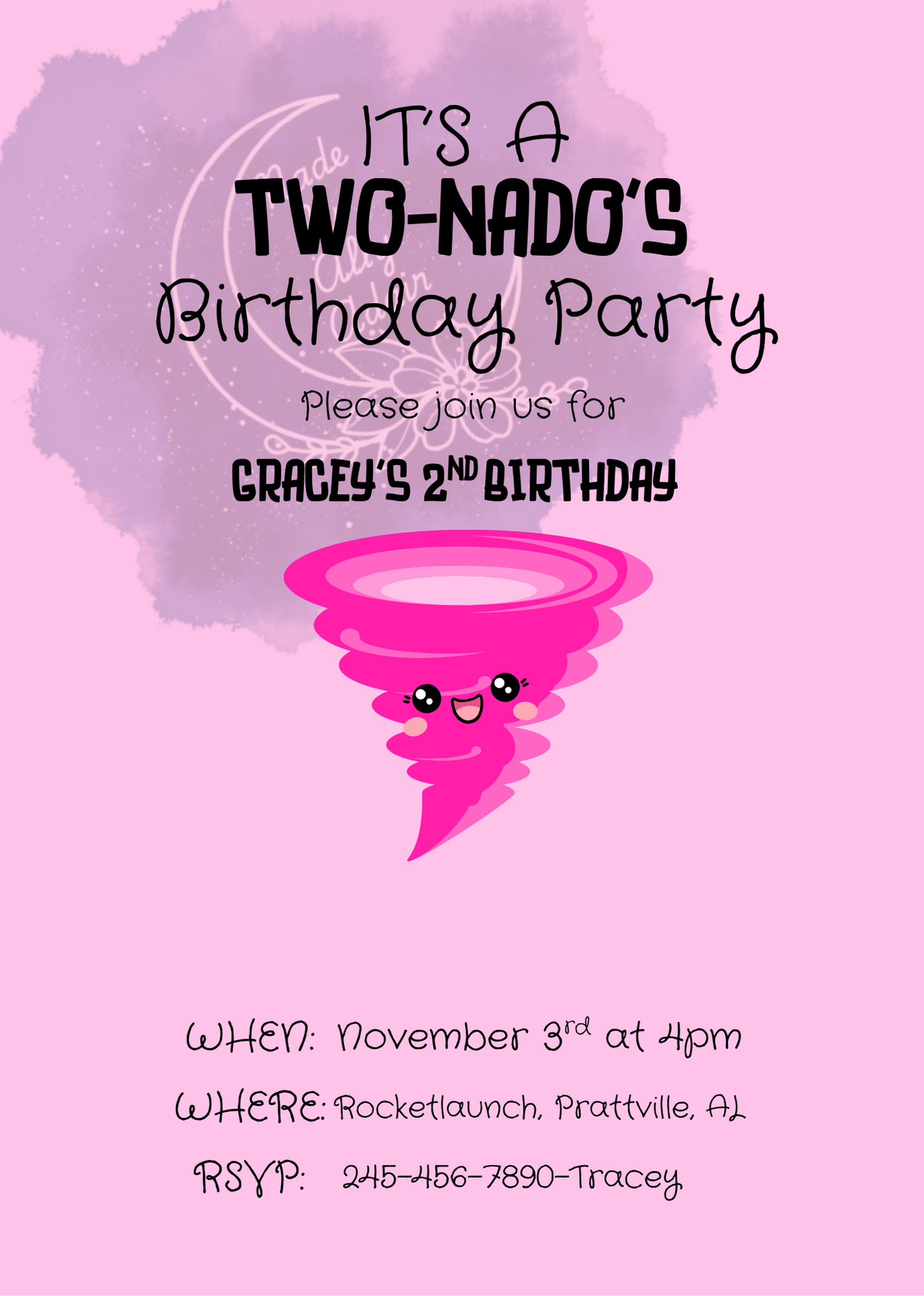Pink kids birthday card with smiling pink tornado mascot and party details personalized tornado birthday invitations