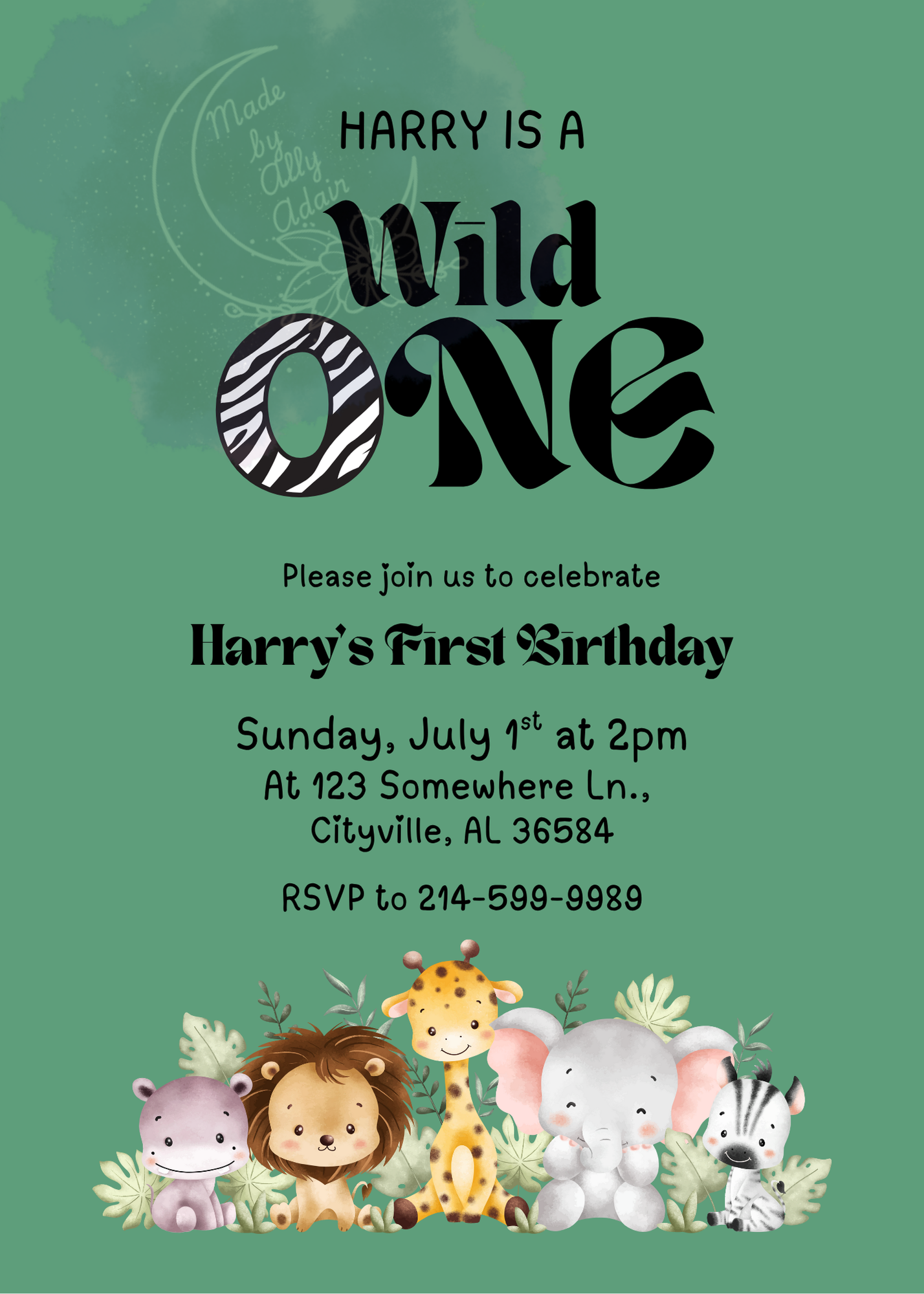 Personalized green wild one birthday invitation with safari animals lion giraffe elephant zebra and hippo