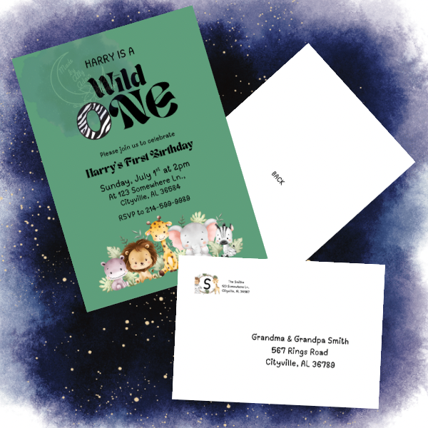 Green wild one birthday invitation with jungle animals lion elephant zebra giraffe and matching white envelopes