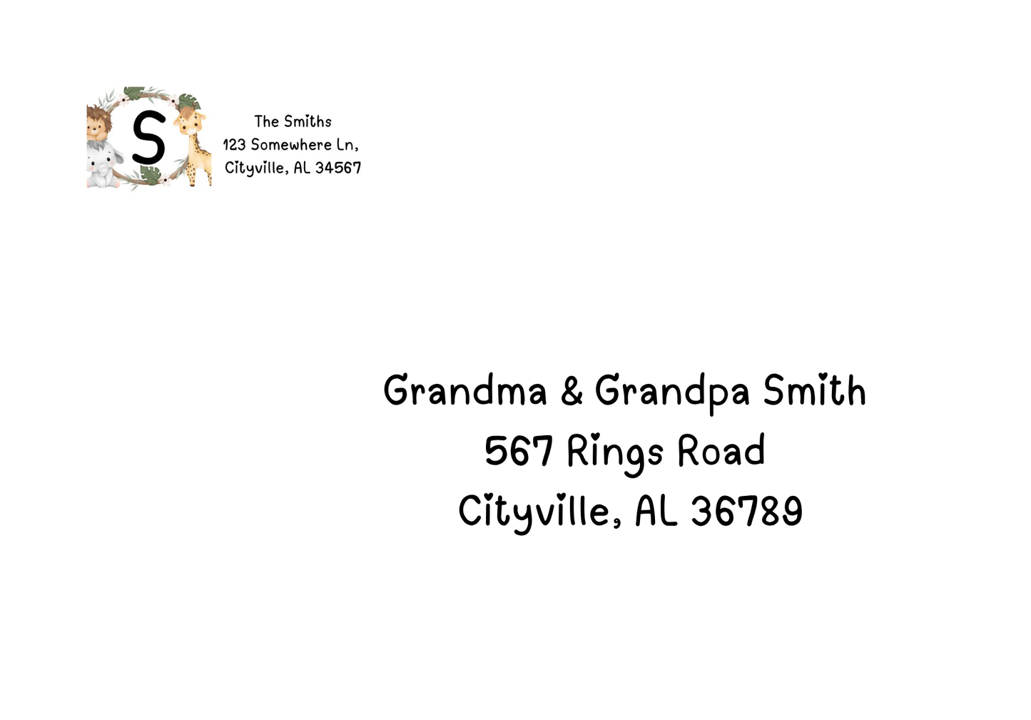Personalized envelope with return and recipient address for wild one birthday invitation showing monogram wreath and animal art