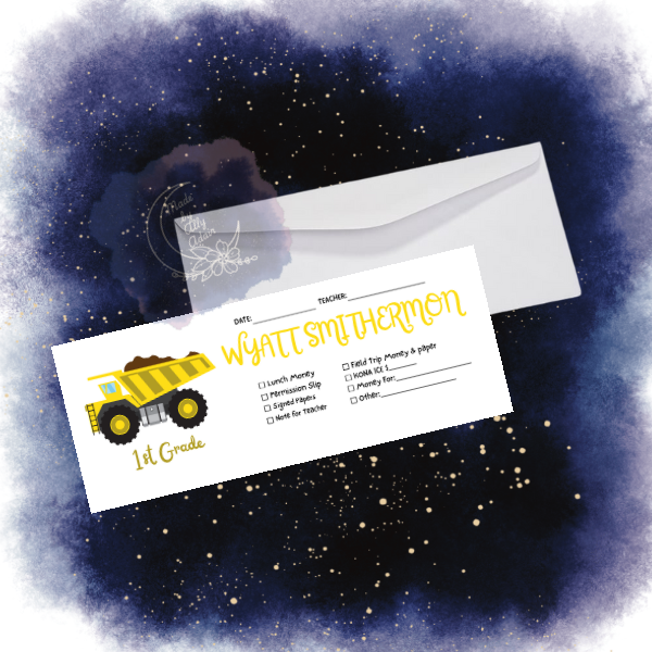 Personalized student envelopes with 1st grade design featuring a yellow dump truck and checkboxes