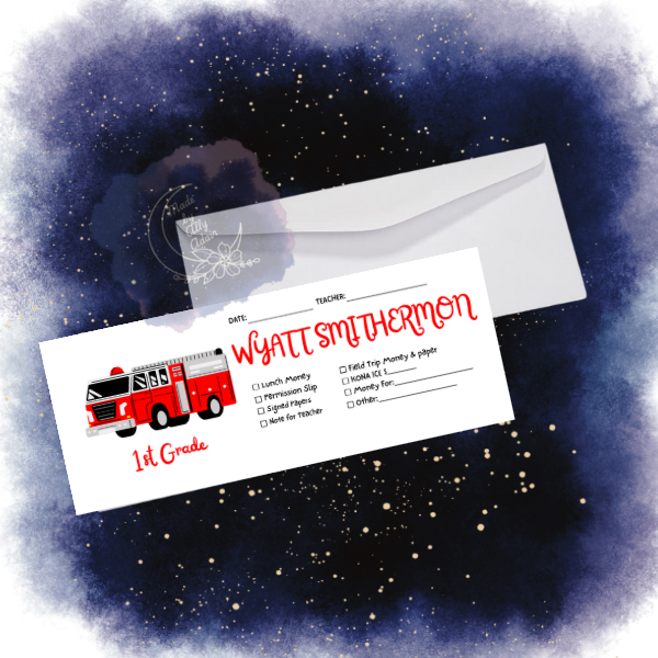 Personalized student envelopes with fire truck design and customizable name and grade by Made By Ally Adair