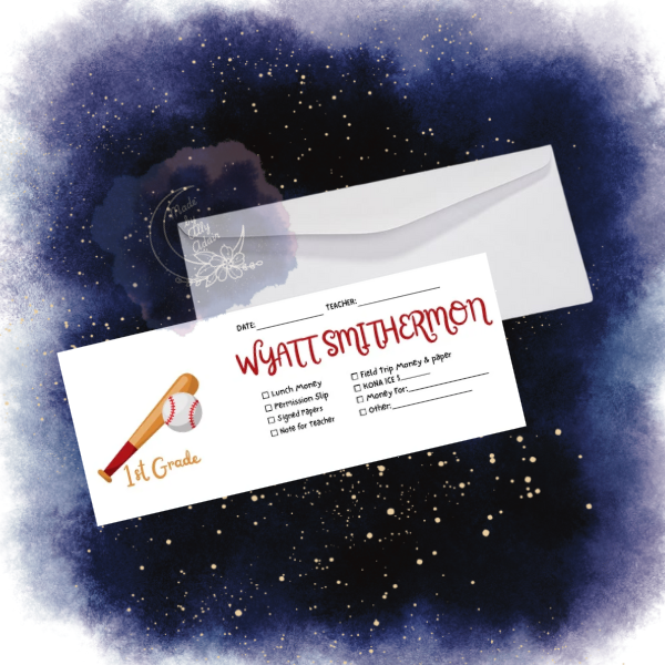 Personalized student envelopes for boys with baseball theme and custom name Wyatt Smitherman