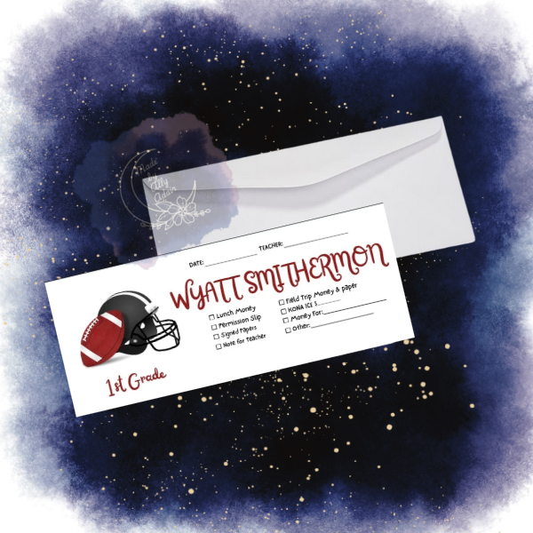 Personalized student envelopes for boys featuring football and helmet design for 1st grade students