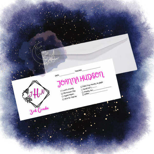 Personalized student envelopes for girls with name Joanna Hudson and 3rd grade details by Made By Ally Adair