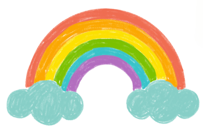 Colorful hand-drawn rainbow with clouds suitable for personalized student envelopes for girls