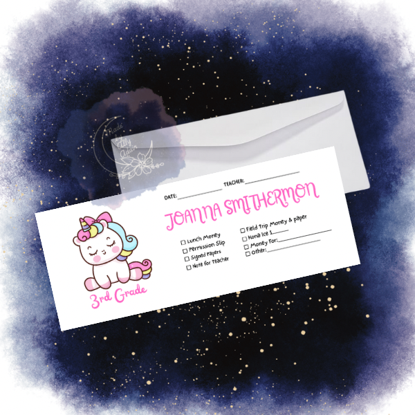 Personalized student envelopes for girls with cute unicorn design and customizable name and grade