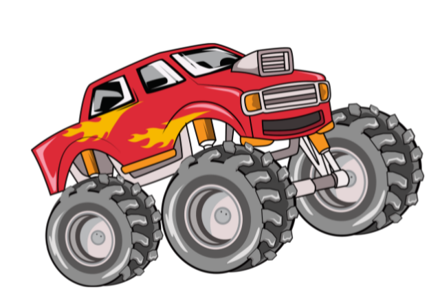 Red monster truck illustration with large tires and yellow flames on the side