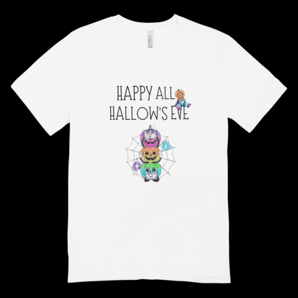 Made By Ally Adair white All Hallow’s Eve shirt with Happy All Hallow's Eve text and stacked pumpkin cat web graphic