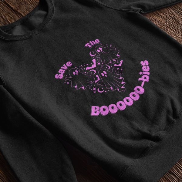 Save the Boobies sweatshirt black crewneck with pink ghost trio graphic and playful text by Made By Ally Adair