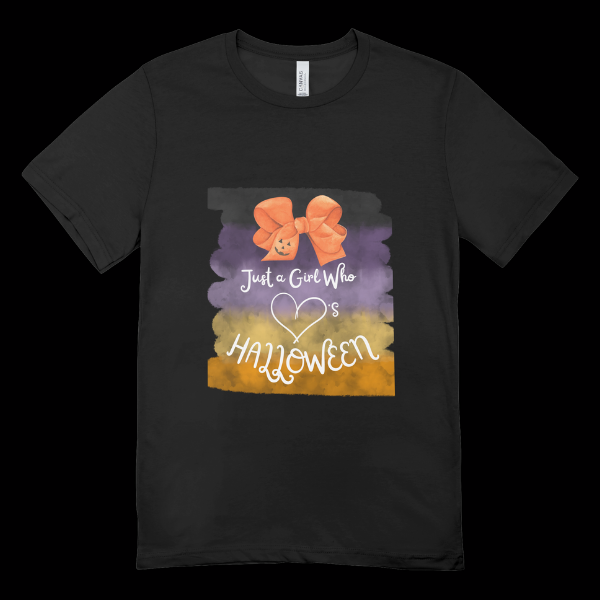 Just a Girl Halloween t-shirt black tee with orange bow pumpkin and watercolor purple yellow background