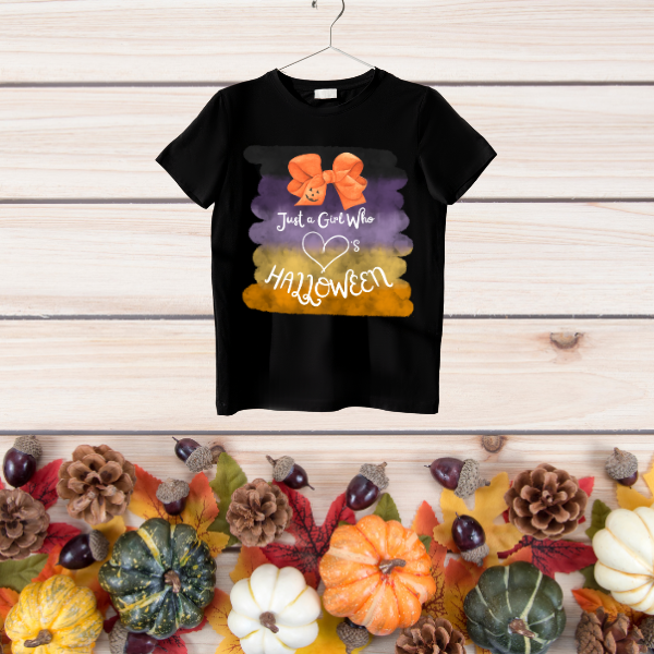 Just a Girl Halloween t-shirt black tee with orange bow pumpkin graphic and purple orange watercolor stripes