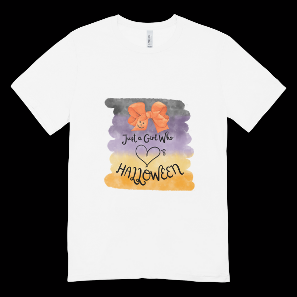 Just a Girl Halloween t-shirt. White tee with watercolor black purple orange stripes and orange bow pumpkin design