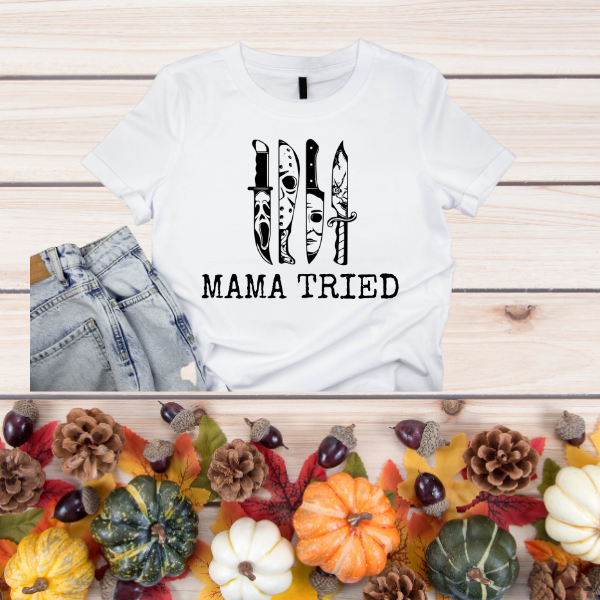 Mama Tired horror movie shirt white tee with three horror knives and mask graphic styled by Made By Ally Adair