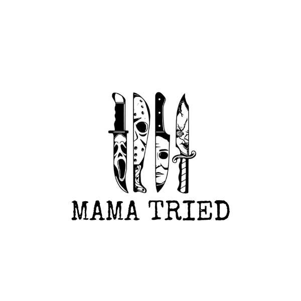 Mama Tired horror movie shirt black and white design four vertical knives with classic horror masks and text MAMA TRIED