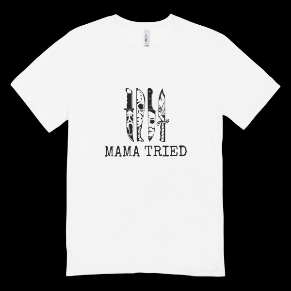 White tee with black knife illustrations and distressed text Mama Tired horror movie shirt design center front