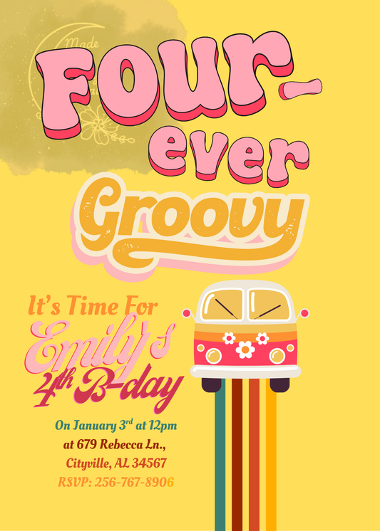 Adair's Cozy Creations Custom Groovy 4th Birthday Invitation