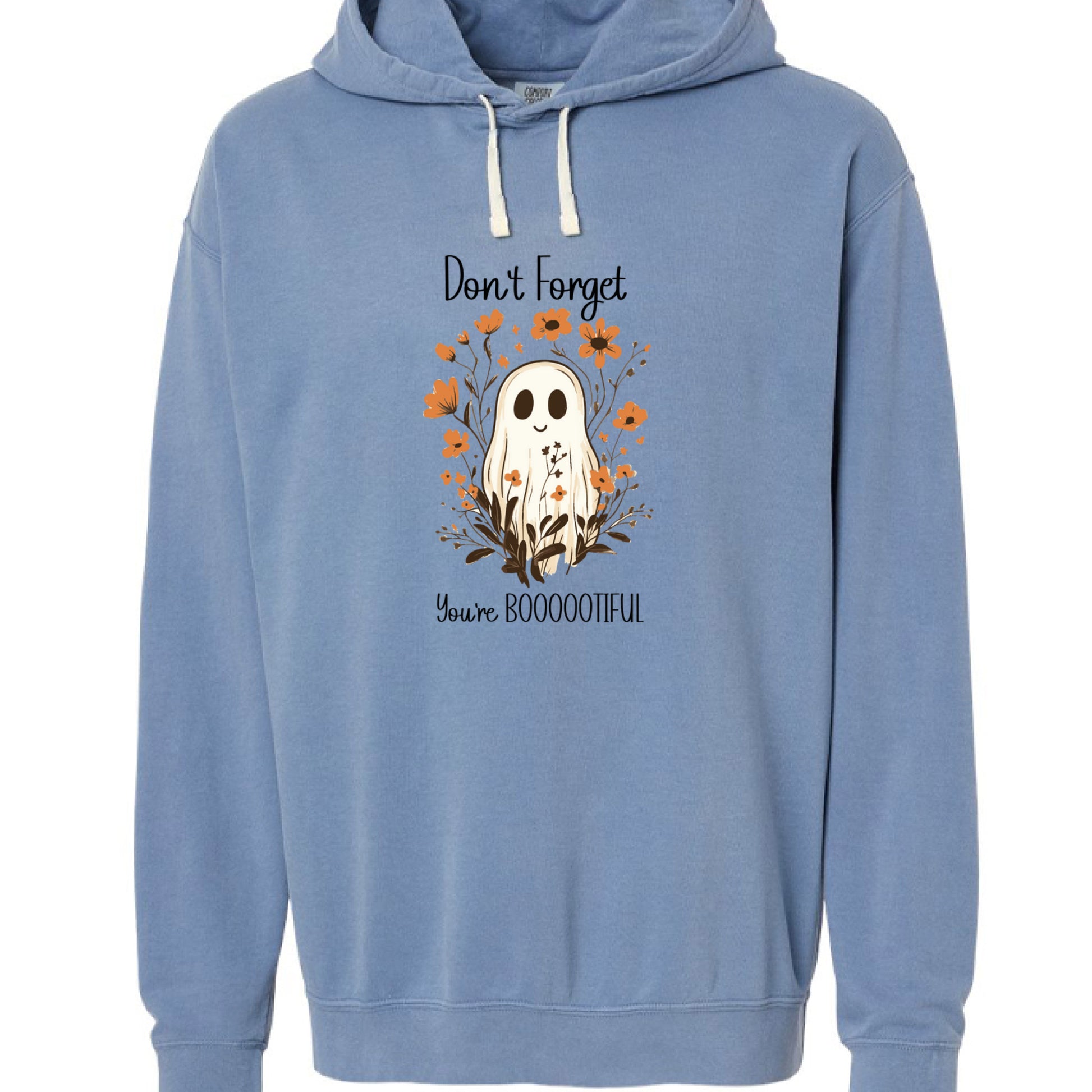 Adairs Cozy Creations blue hoodie cute ghost sweatshirt with floral ghost graphic and Dont Forget Youre BOOOOOTIFUL text