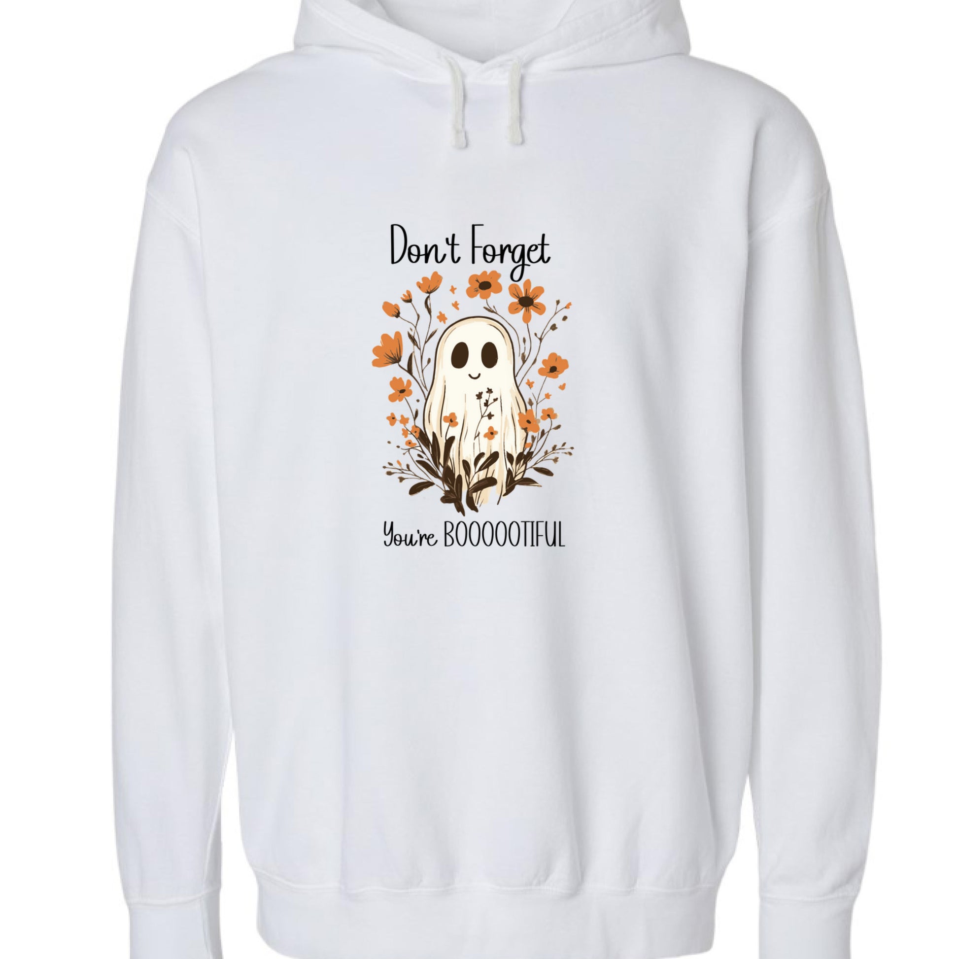 White pullover hoodie with cute ghost sweatshirt design featuring smiling ghost and orange floral accents