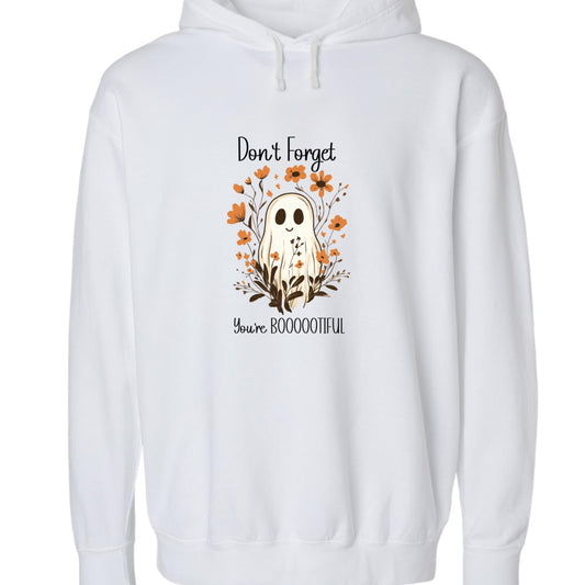 White pullover hoodie with cute ghost sweatshirt design featuring smiling ghost and orange floral accents