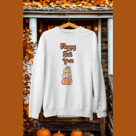 White crewneck with Happy Fall Y’all sweatshirt printed pumpkins stack design hanging on autumn porch