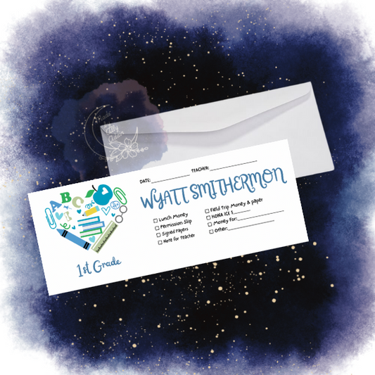 Personalized student envelopes for boys featuring colorful school icons and customizable name and grade