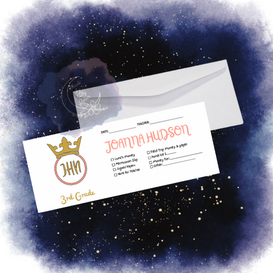 Custom school envelopes with name Joanna Hudson and 3rd grade details by Made By Ally Adair
