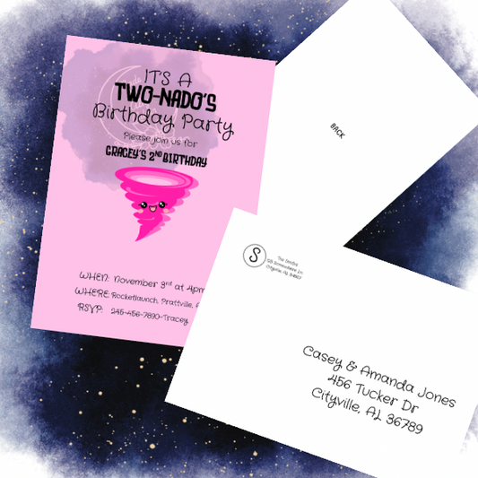 Made By Ally Adair personalized tornado birthday invitations showing pink two nado cartoon design and matching envelope with address