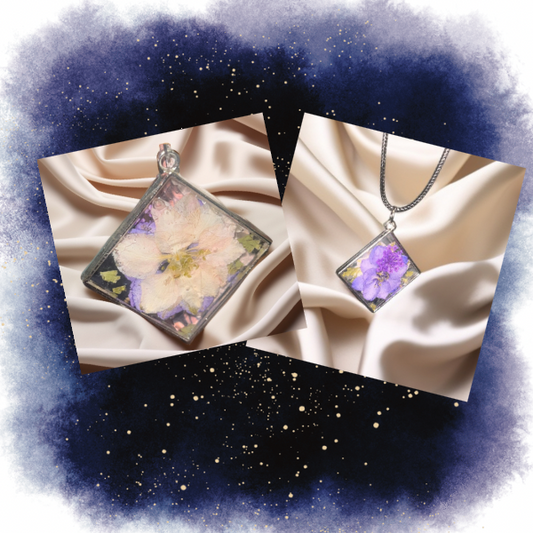 Made By Ally Adair double-sided resin pendant with pressed purple and white flowers in silver frame on satin backdrop