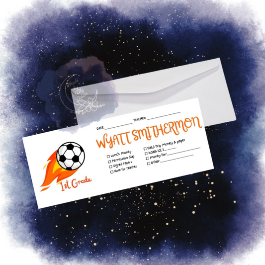 Personalized student envelopes for boys with soccer ball design and 1st grade label by Made By Ally Adair