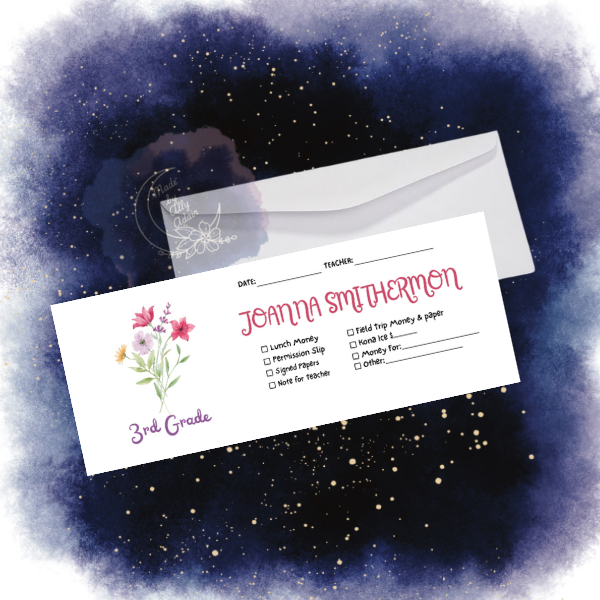 Personalized student envelopes for girls with floral design and customizable name and checkboxes