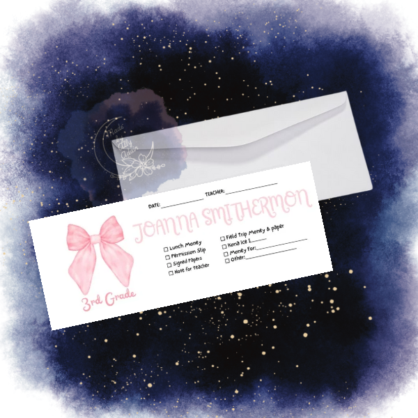 Personalized student envelopes for girls with pink bow design and customizable checklist for school notes