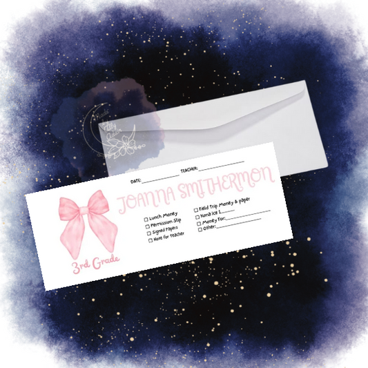Personalized student envelopes for girls with pink bow design and customizable checklist for school notes