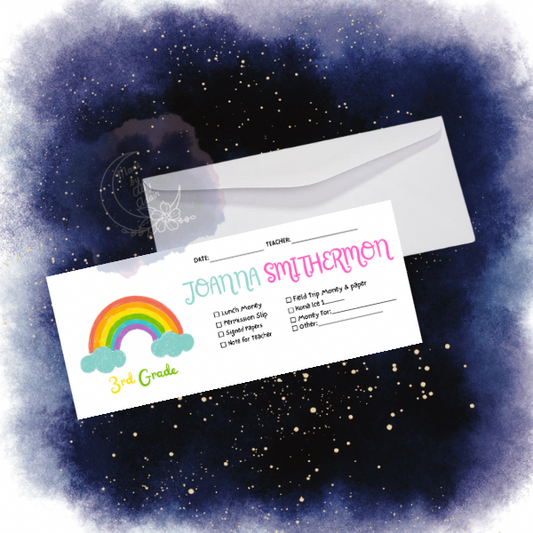 Personalized student envelopes for girls with colorful rainbow design and customizable name and grade