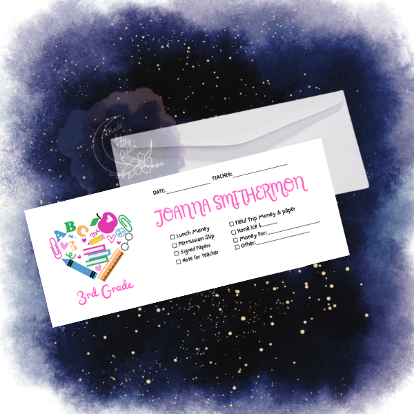 Personalized student envelopes for girls with colorful school-themed heart design and custom name
