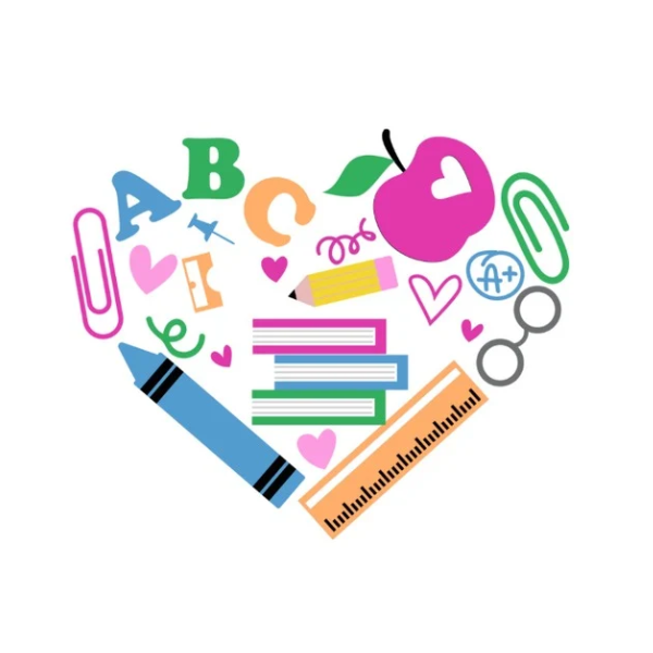 Colorful school supplies forming a heart shape representing personalized student envelopes for girls