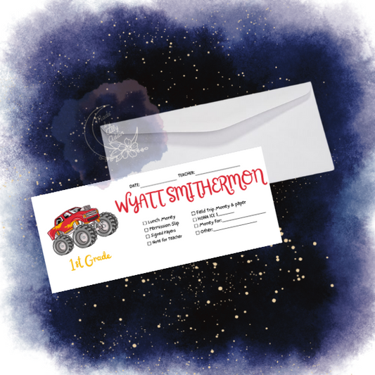 Personalized student envelopes with a monster truck design and custom name for 1st grade students
