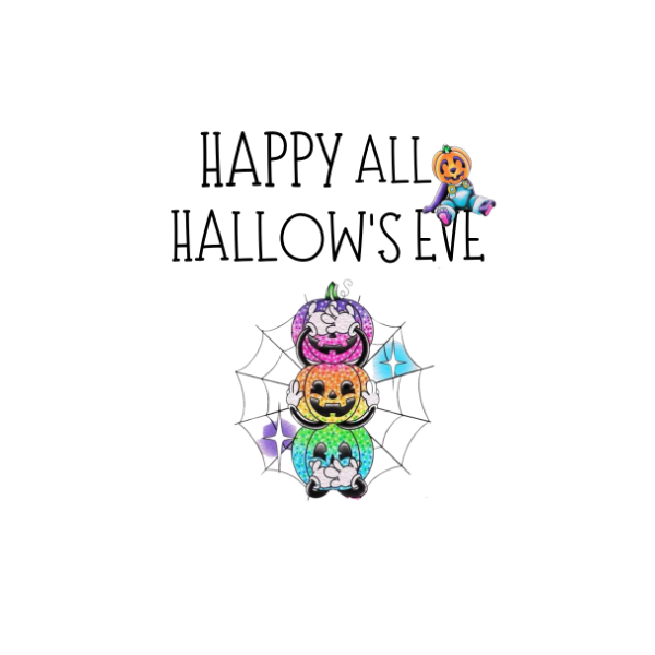 All Hallow’s Eve shirt featuring whimsical stacked glitter pumpkins, spiderweb and Happy All Hallow's Eve text