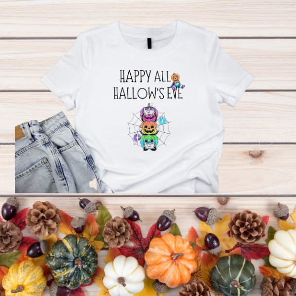 Made By Ally Adair All Hallow’s Eve shirt white tee with stacked jack o lanterns spiderweb design