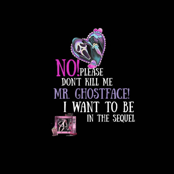 Mr. Ghostface graphic t-shirt black tee with pink and purple Ghostface heart TV icon and humorous plea text